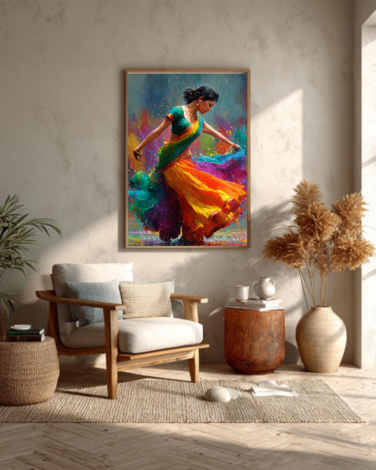 Bollywood Dancer Canvas Print: Vibrant Holi Colors, Indian Art