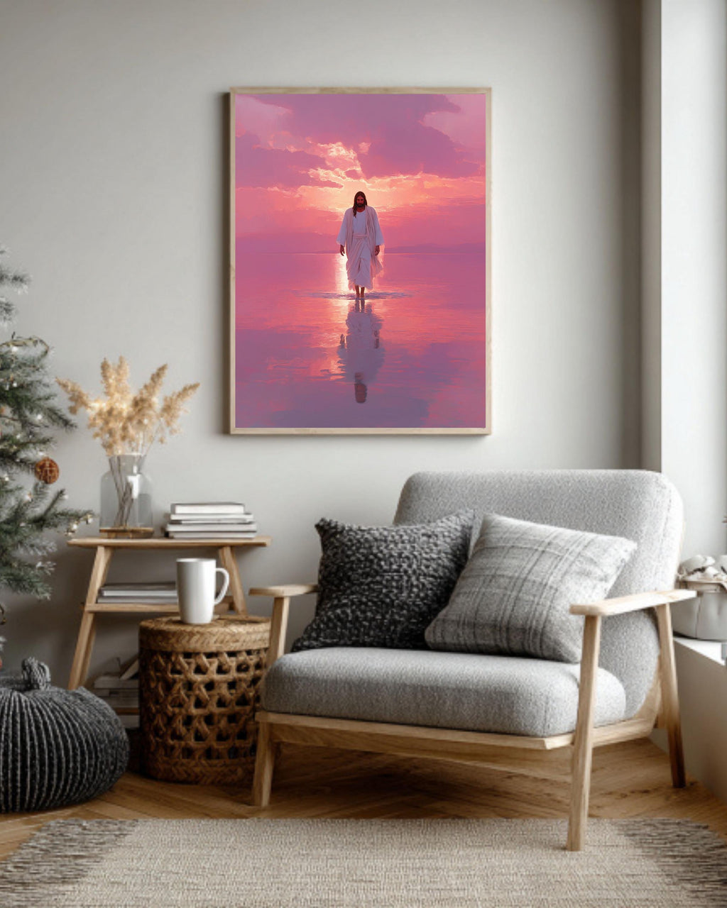 Jesus Walking on Water Canvas: Pink Sunset Christian Art Print
