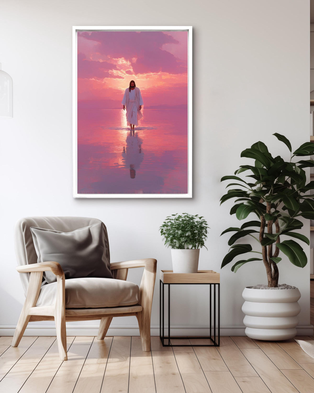 Jesus Walking on Water Canvas: Pink Sunset Christian Art Print