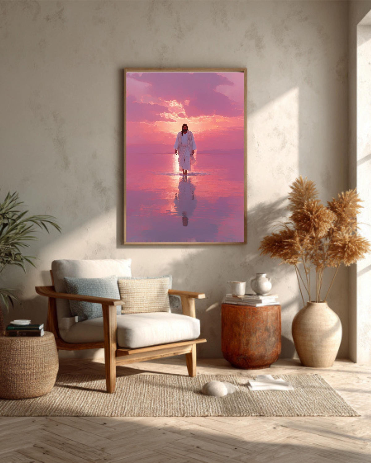 Jesus Walking on Water Canvas: Pink Sunset Christian Art Print