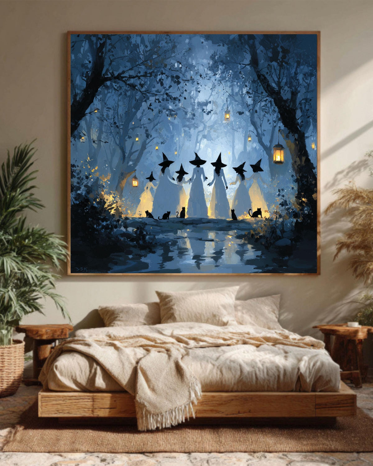 Witches in Forest Canvas Art: Gothic Halloween Black Cat Painting