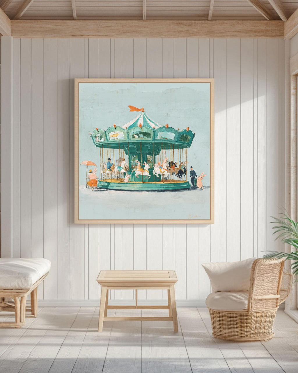 Rabbit Carousel Oil Painting: Whimsical Vintage Nursery Canvas