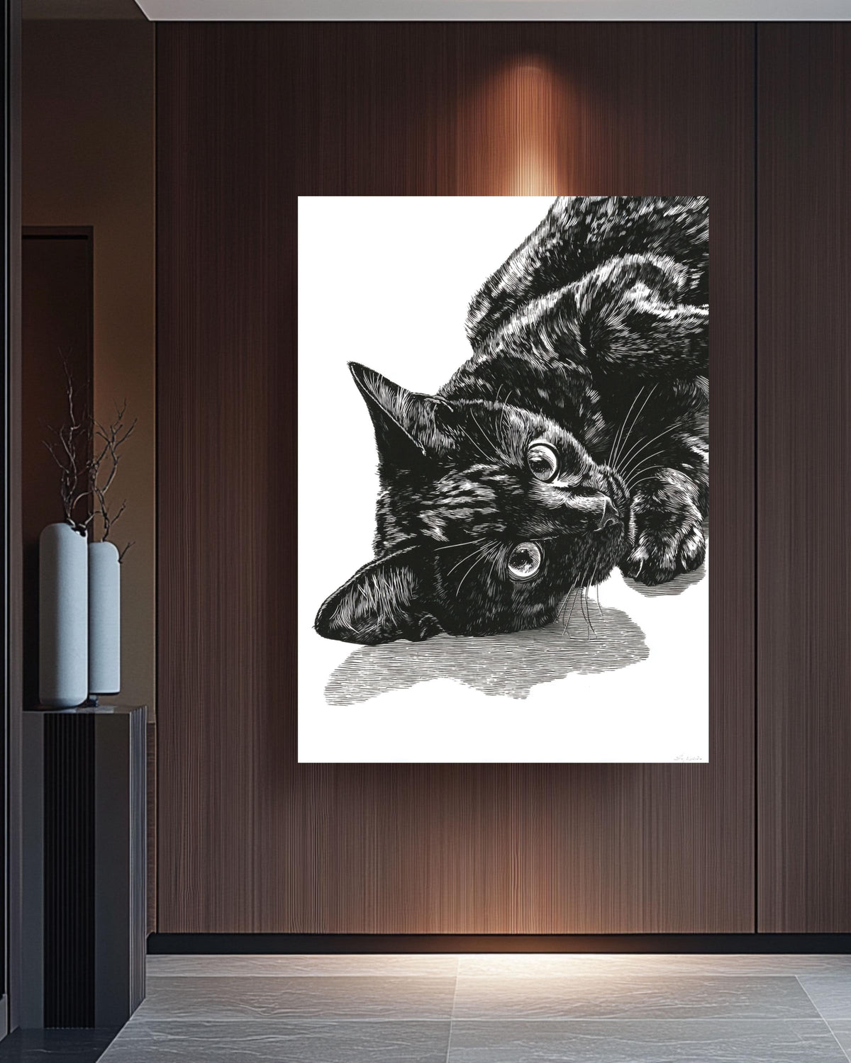 Black Cat Portrait Canvas Art: Minimalist Linocut Style Print