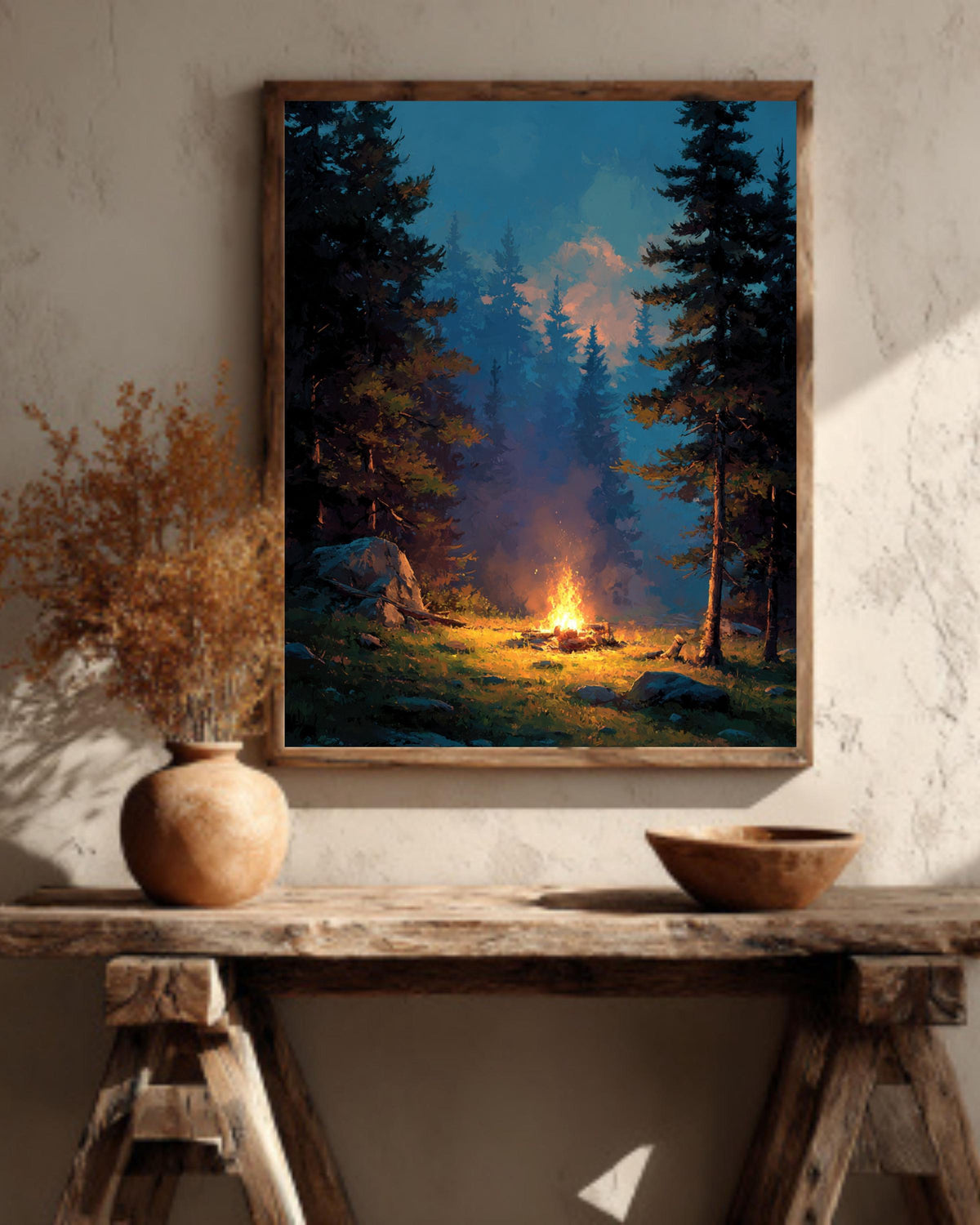 Campfire Canvas Print: Cozy Forest, Cabin Wall Art
