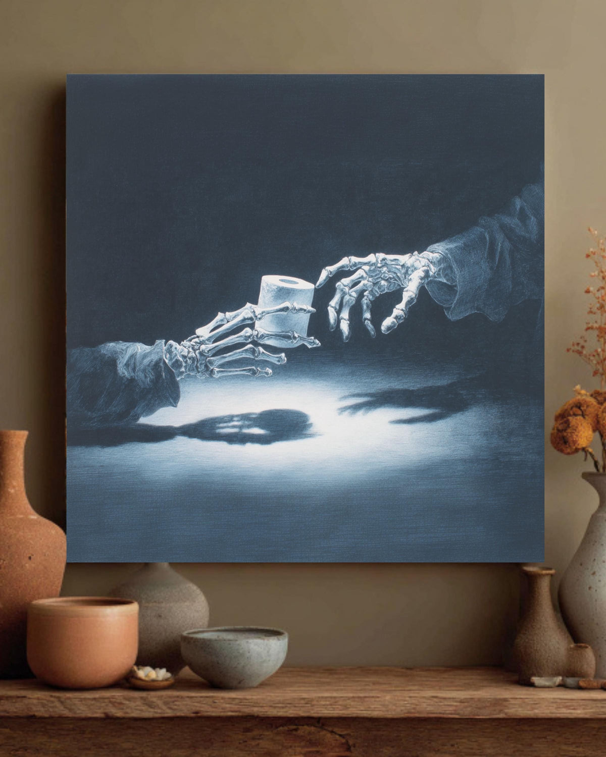 Skeleton Hands Toilet Paper Canvas: Macabre Bathroom Humor