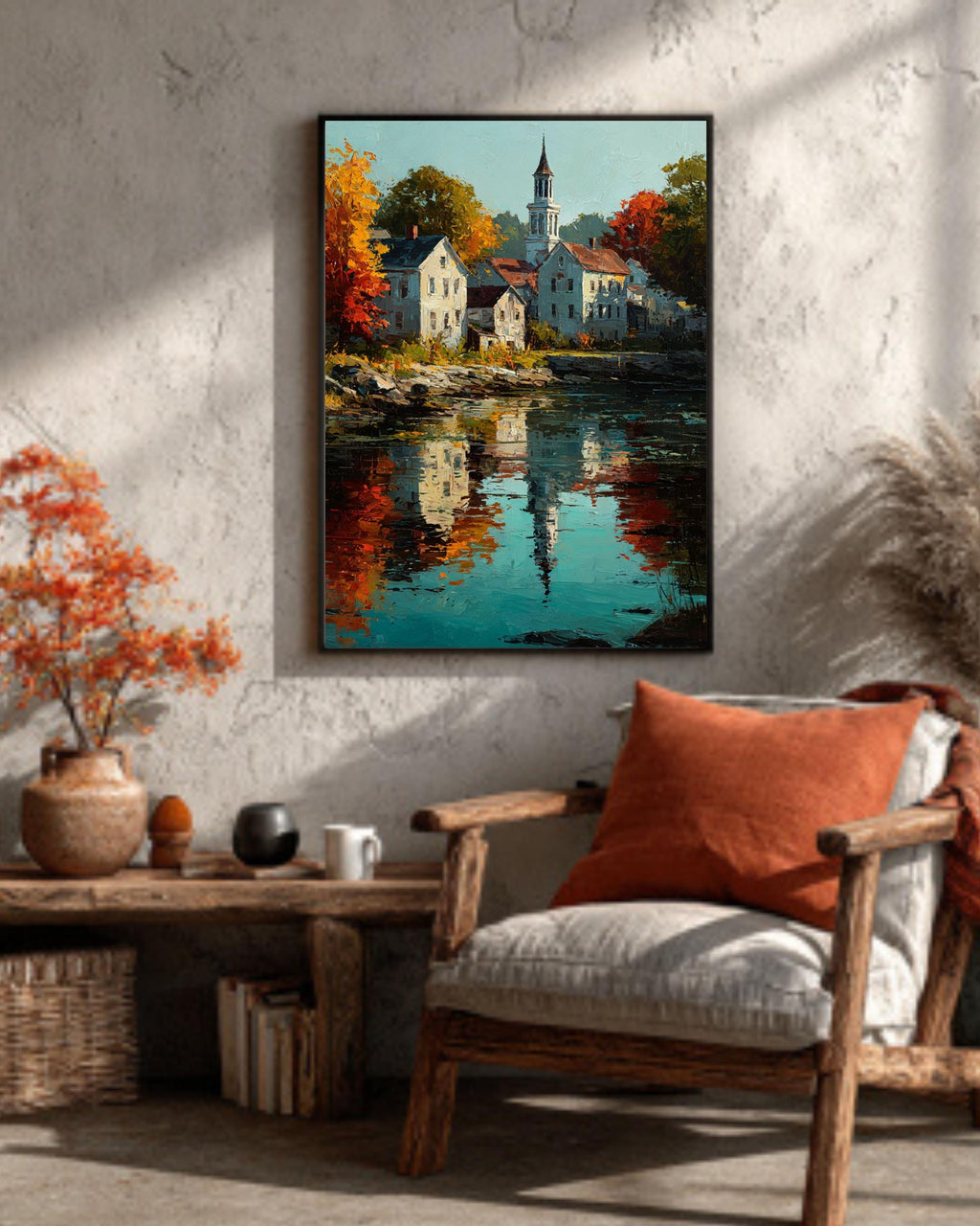 Autumn New England Town Canvas Art: Impressionist Fall Landscape Print