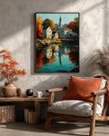 Autumn New England Town Canvas Art: Impressionist Fall Landscape Print