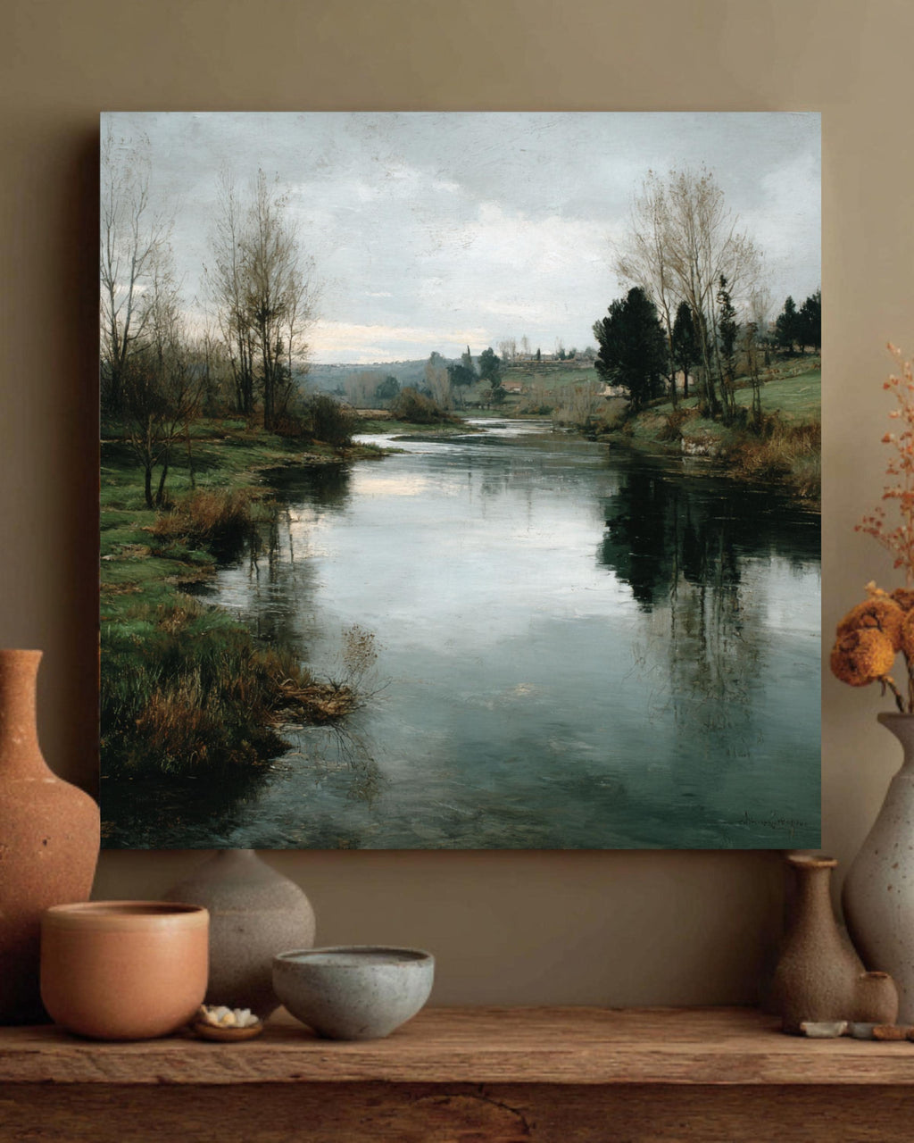 Tranquil River Canvas Print: Rustic Farmhouse Landscape Wall Art