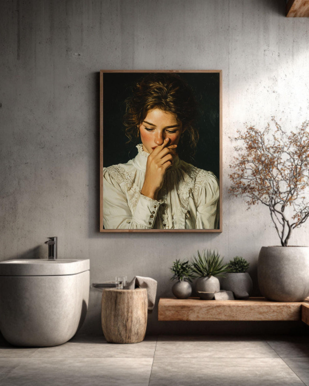 Funny Bathroom Canvas Art Print, Vintage Style Woman Portrait