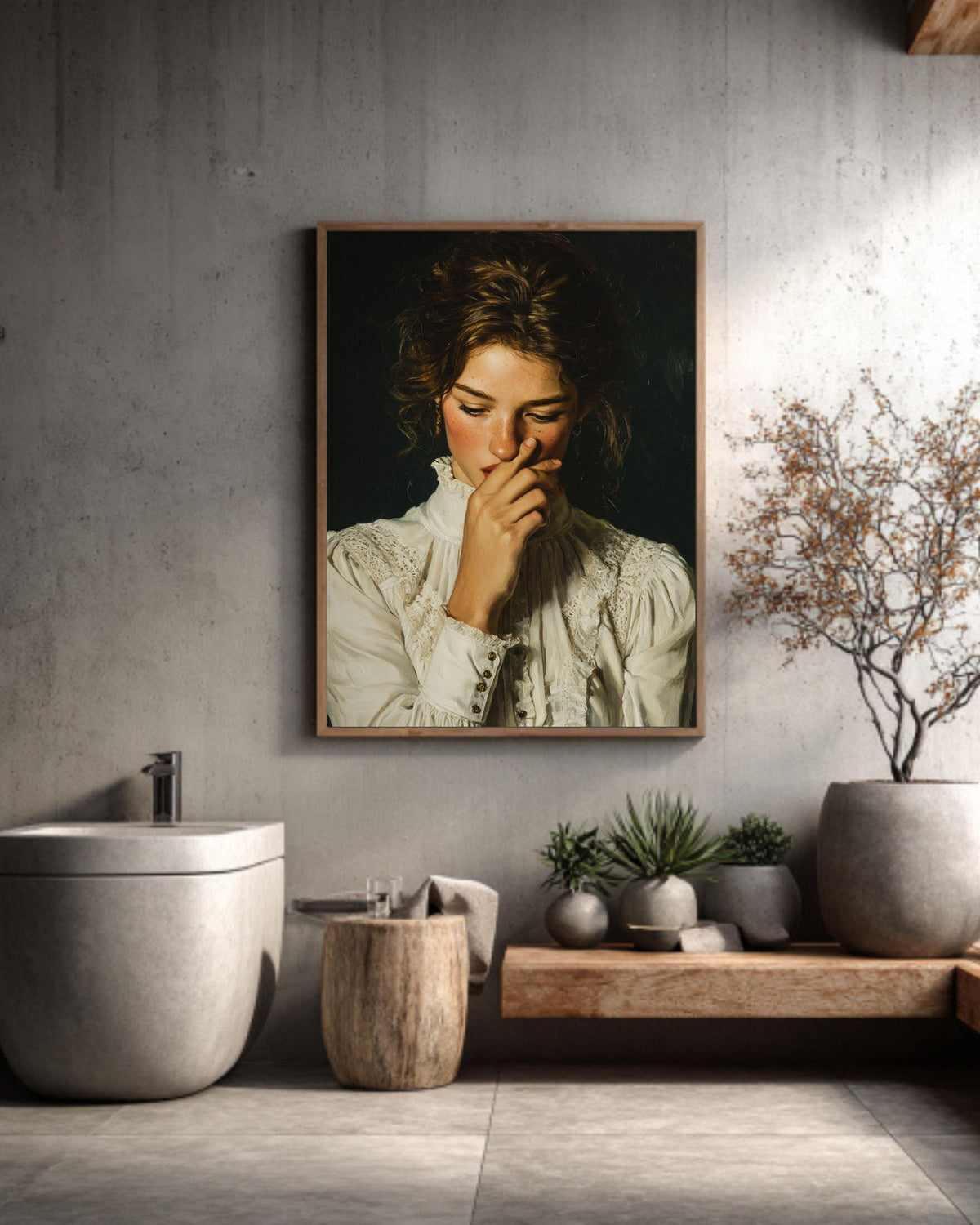 Funny Bathroom Canvas Art Print, Vintage Style Woman Portrait