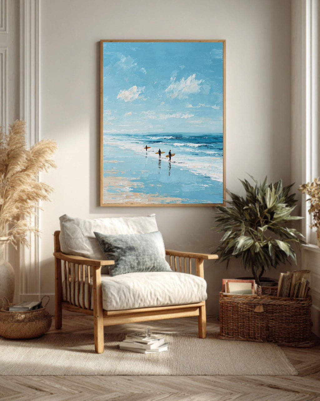 Textured Surfers on Beach Painting: Coastal Ocean Art