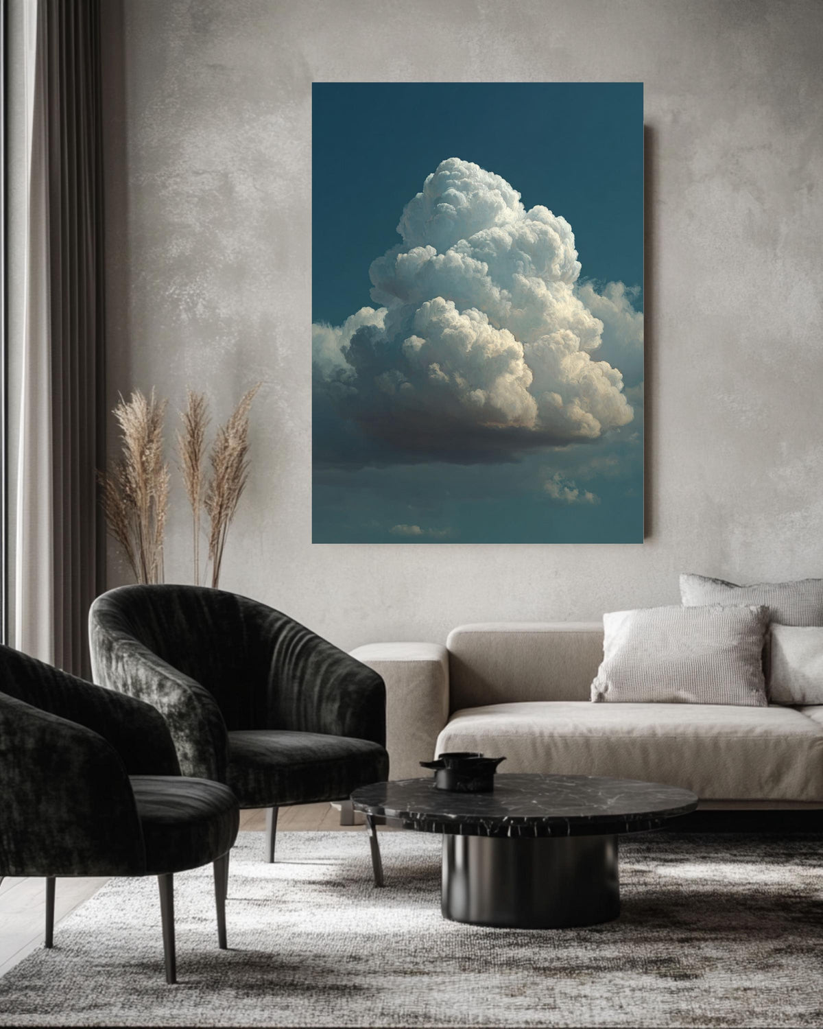 Fluffy Cloud Canvas Art: Minimalist Blue Sky Painting