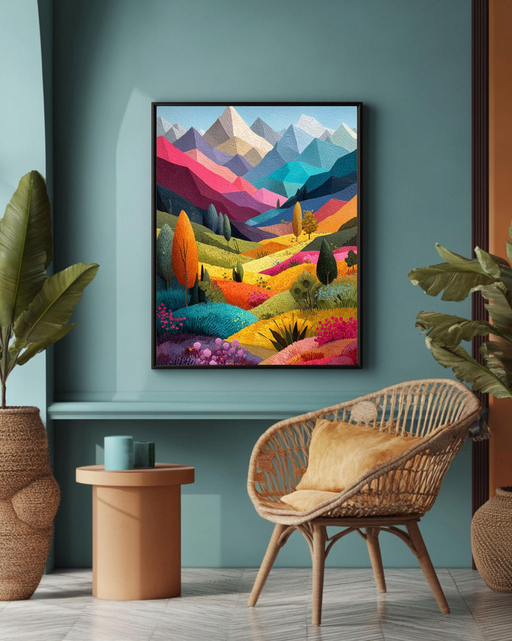 Abstract Mountain Canvas Art: Colorful Patchwork Landscape Painting