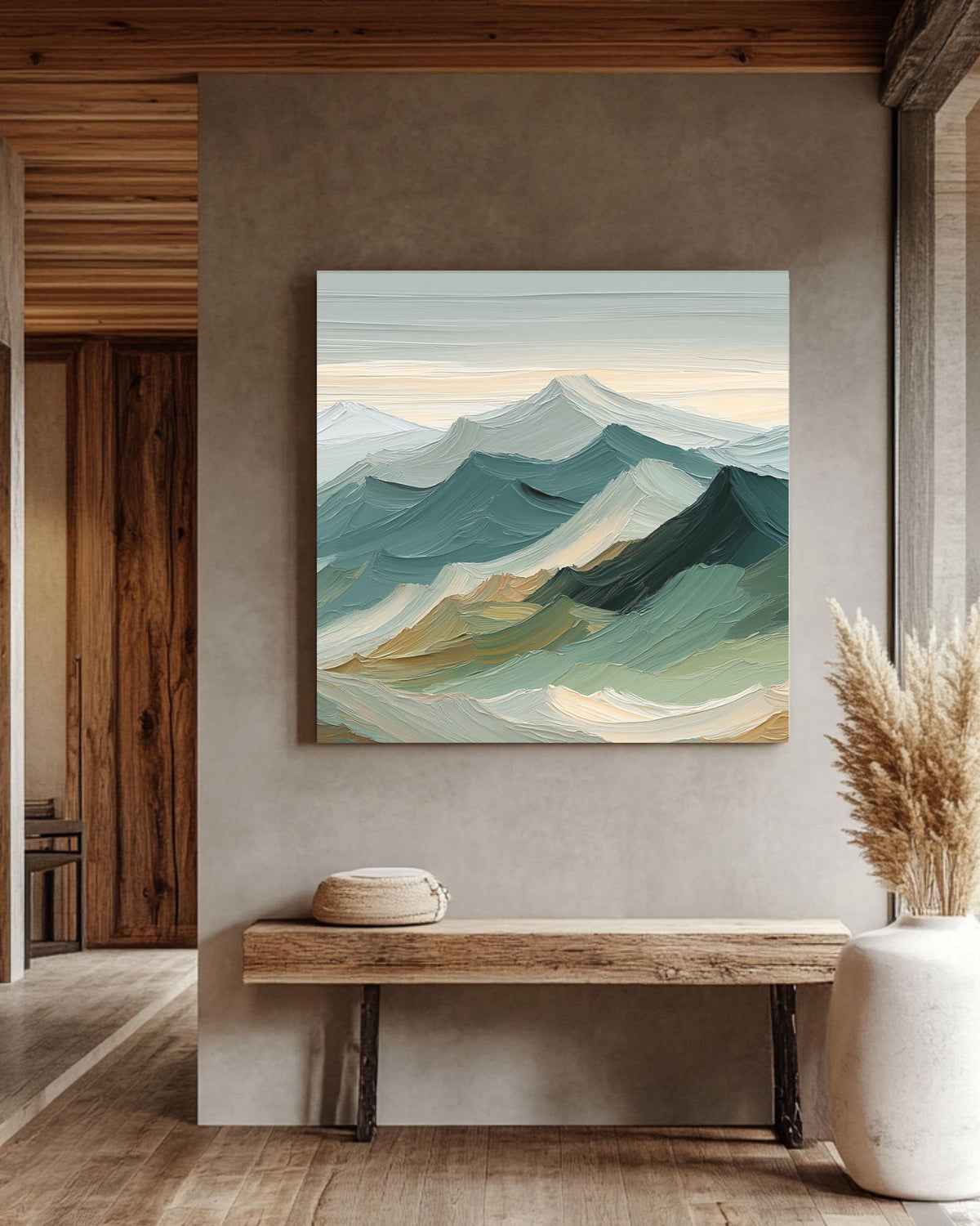 Sage Green Mountain Canvas Art: Japandi Landscape Painting