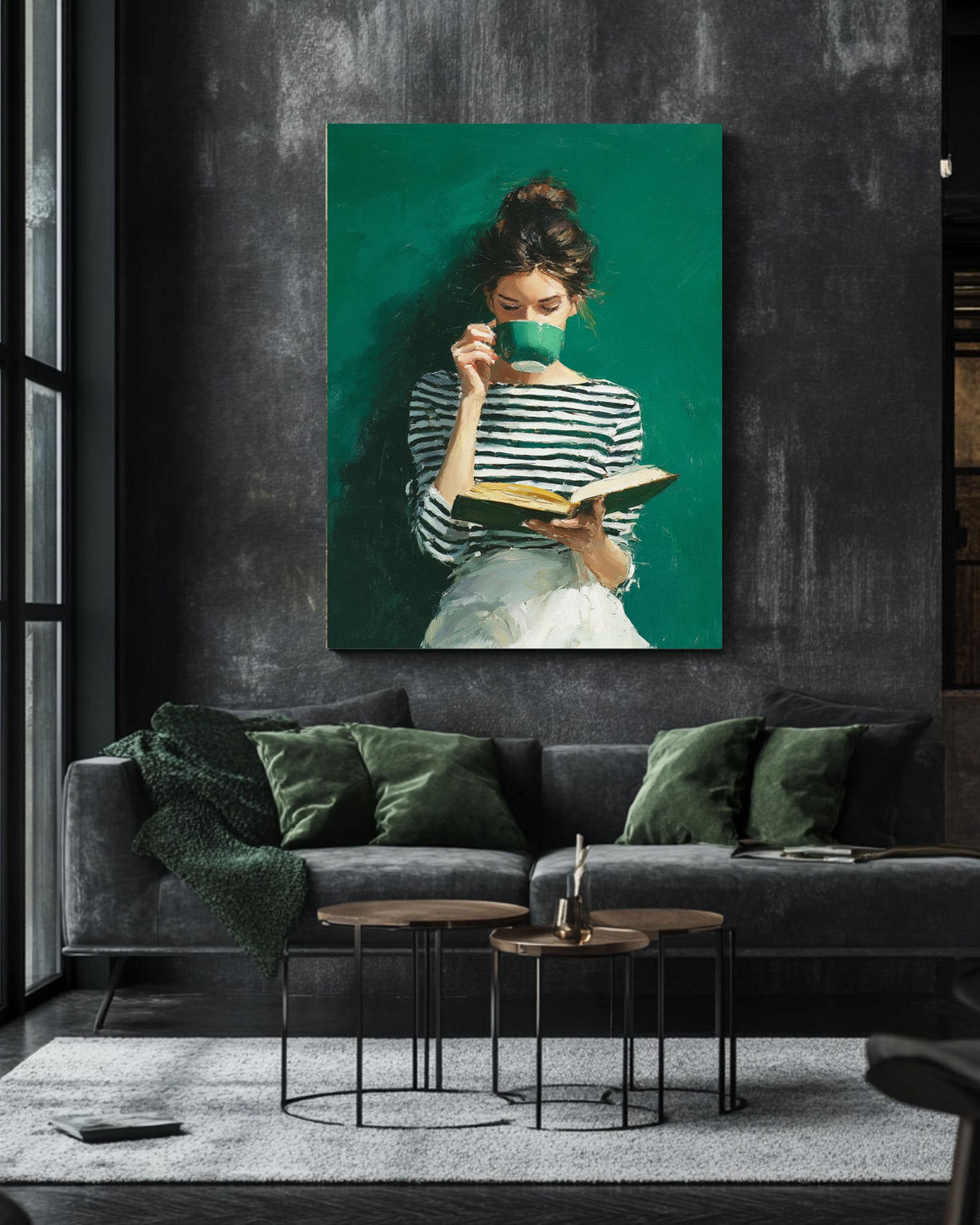 Emerald Green Art, Modern Reading Woman, Minimalist Boho Canvas
