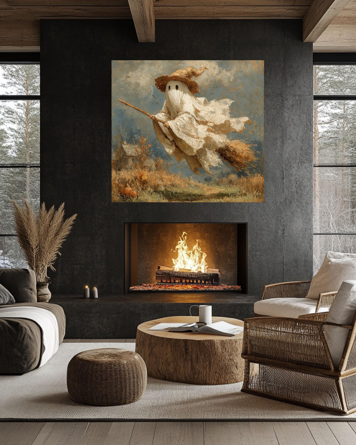Whimsical Ghost Witch Canvas Art Print, Halloween Farmhouse Decor