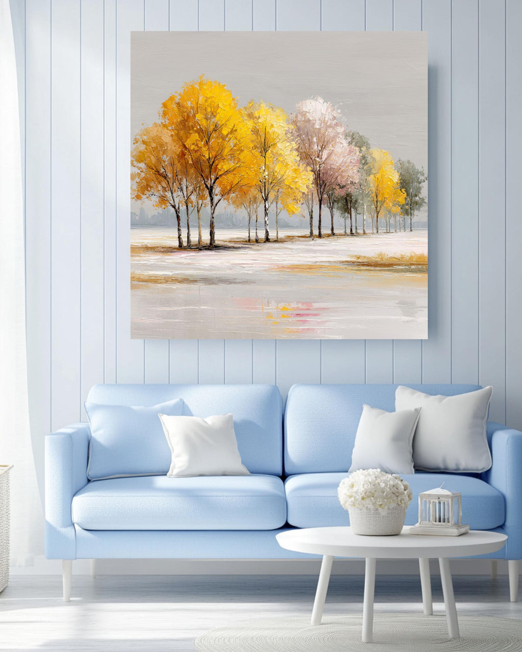 Autumn Trees Canvas Print, Modern Textured Fall Landscape Painting, Yellow Gold Acrylic Wall Art