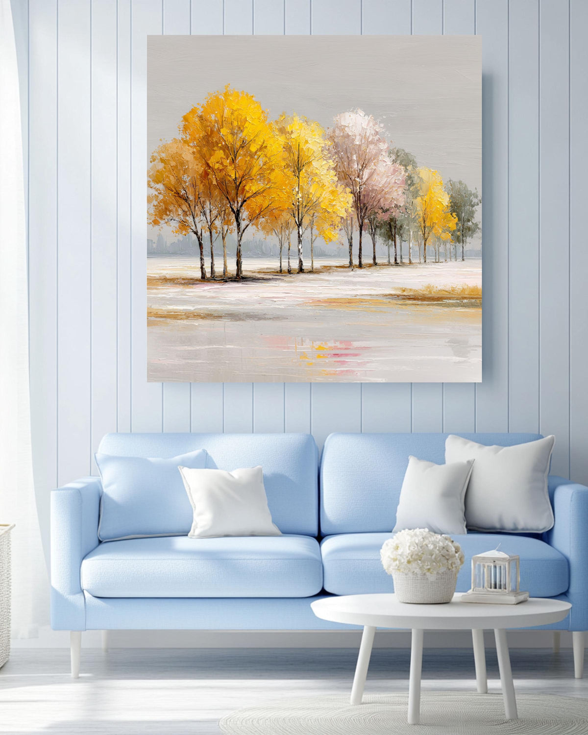 Autumn Trees Canvas Print, Modern Textured Fall Landscape Painting, Yellow Gold Acrylic Wall Art