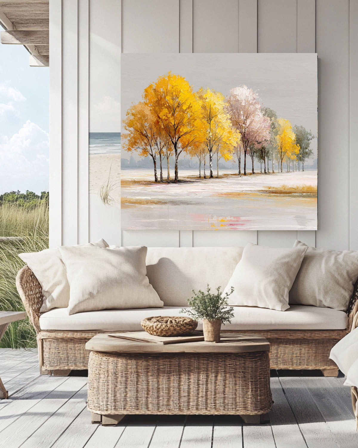 Autumn Trees Canvas Print, Modern Textured Fall Landscape Painting, Yellow Gold Acrylic Wall Art