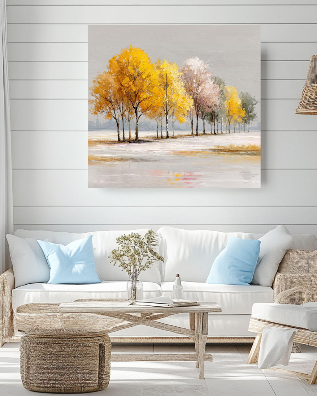 Autumn Trees Canvas Print, Modern Textured Fall Landscape Painting, Yellow Gold Acrylic Wall Art