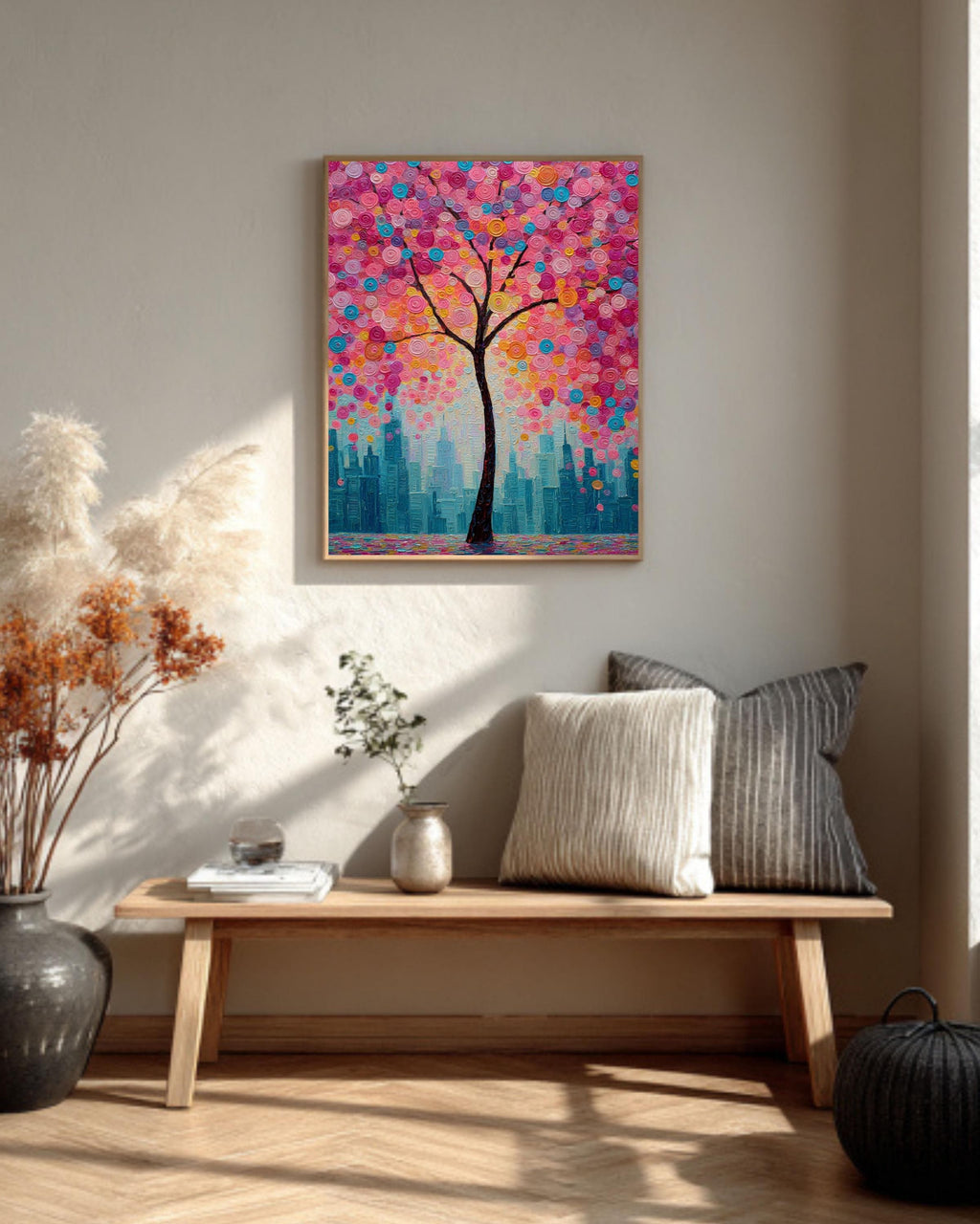 Textured Cherry Blossom Tree Canvas Art: Modern City Skyline Painting