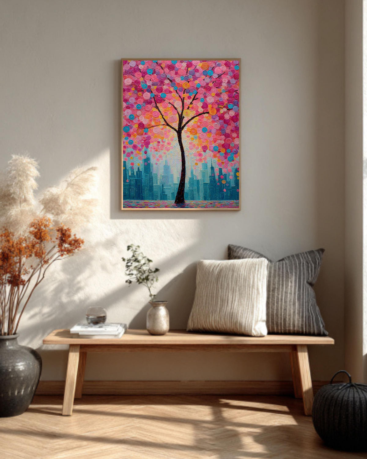 Textured Cherry Blossom Tree Canvas Art: Modern City Skyline Painting