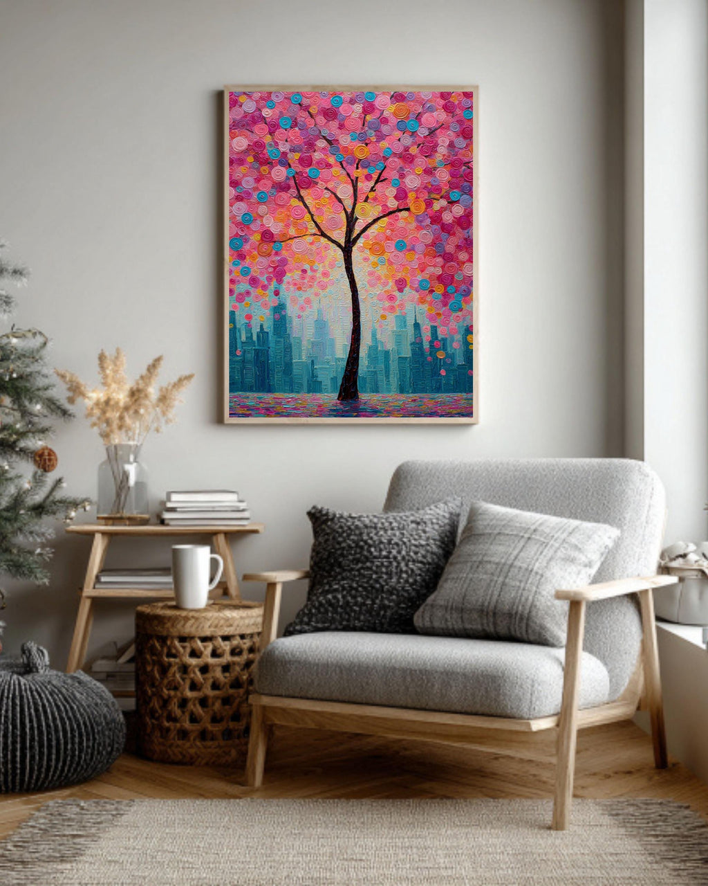 Textured Cherry Blossom Tree Canvas Art: Modern City Skyline Painting