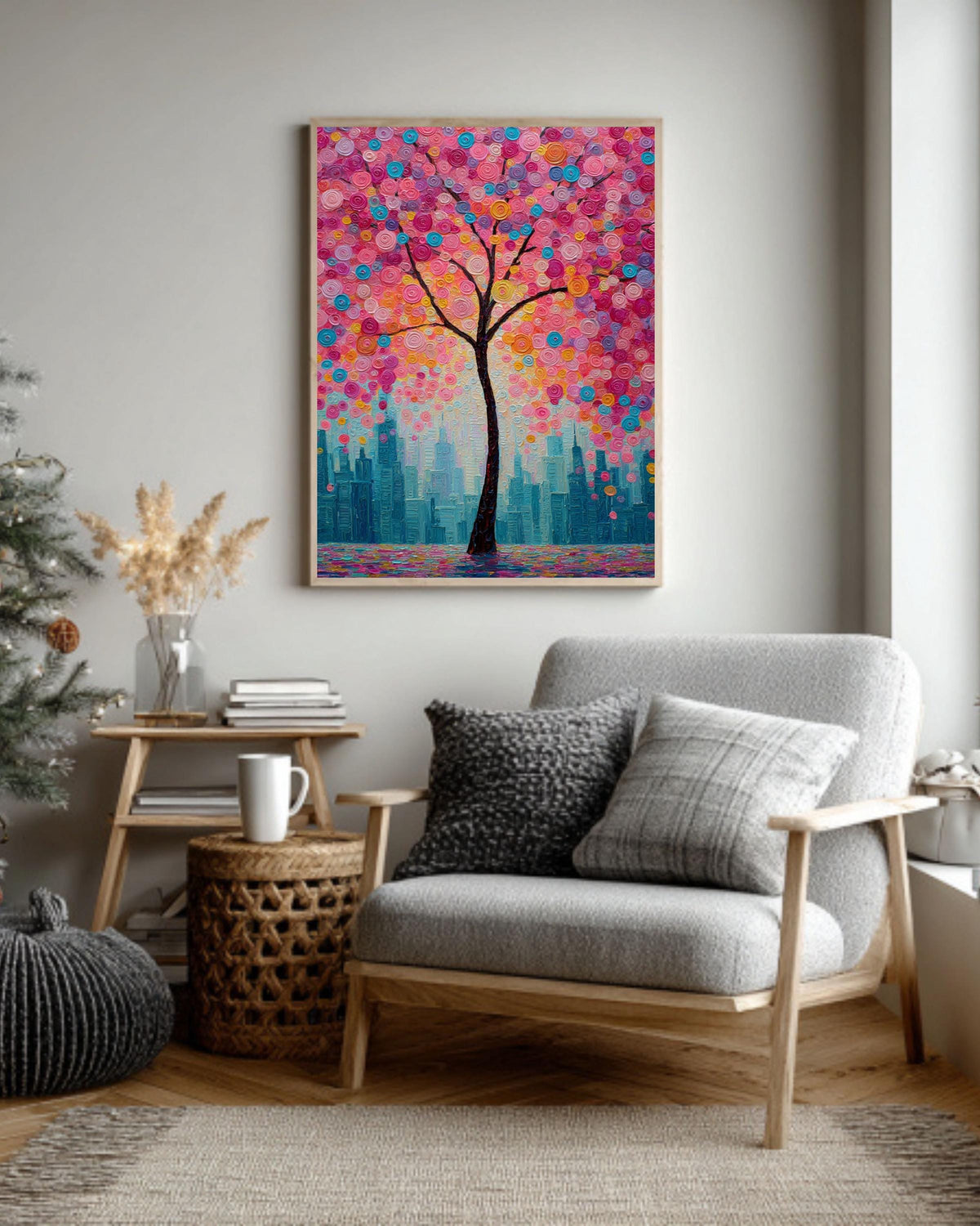 Textured Cherry Blossom Tree Canvas Art: Modern City Skyline Painting