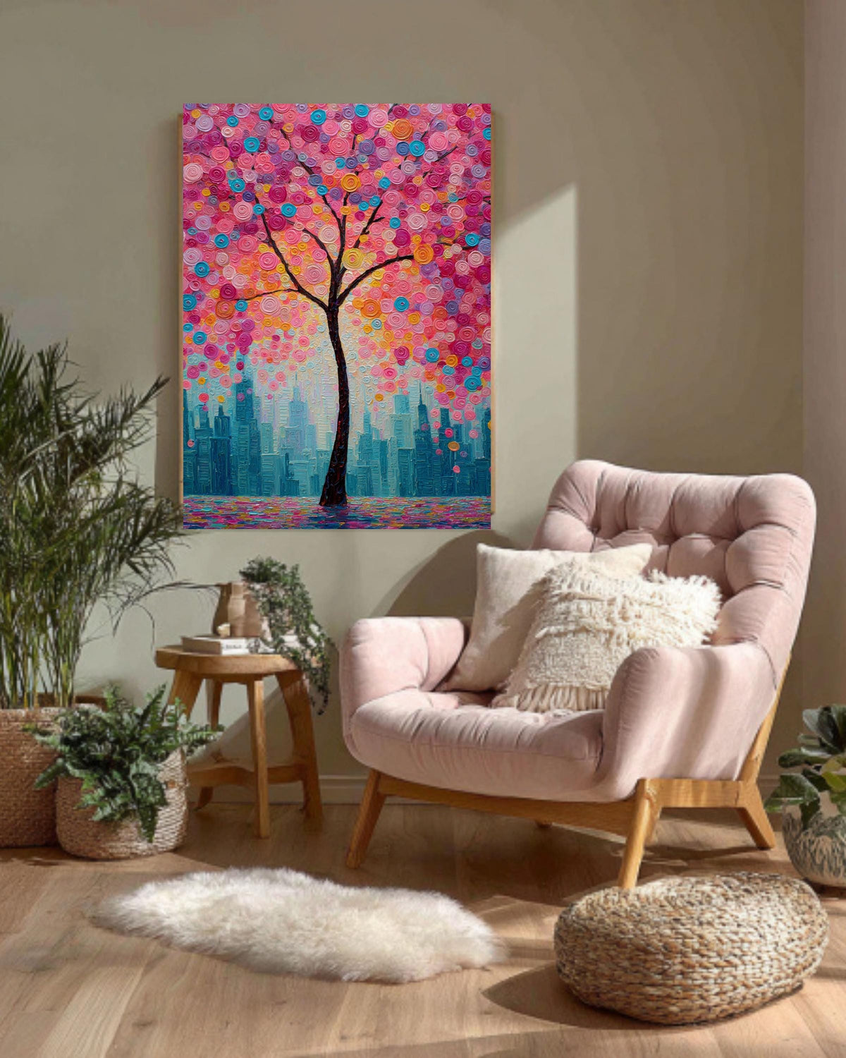 Textured Cherry Blossom Tree Canvas Art: Modern City Skyline Painting