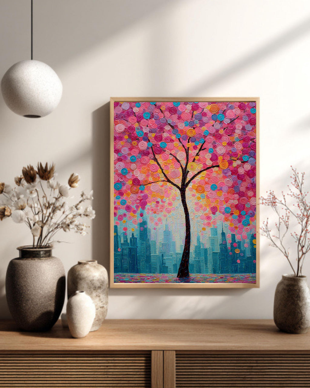 Textured Cherry Blossom Tree Canvas Art: Modern City Skyline Painting