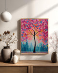 Textured Cherry Blossom Tree Canvas Art: Modern City Skyline Painting