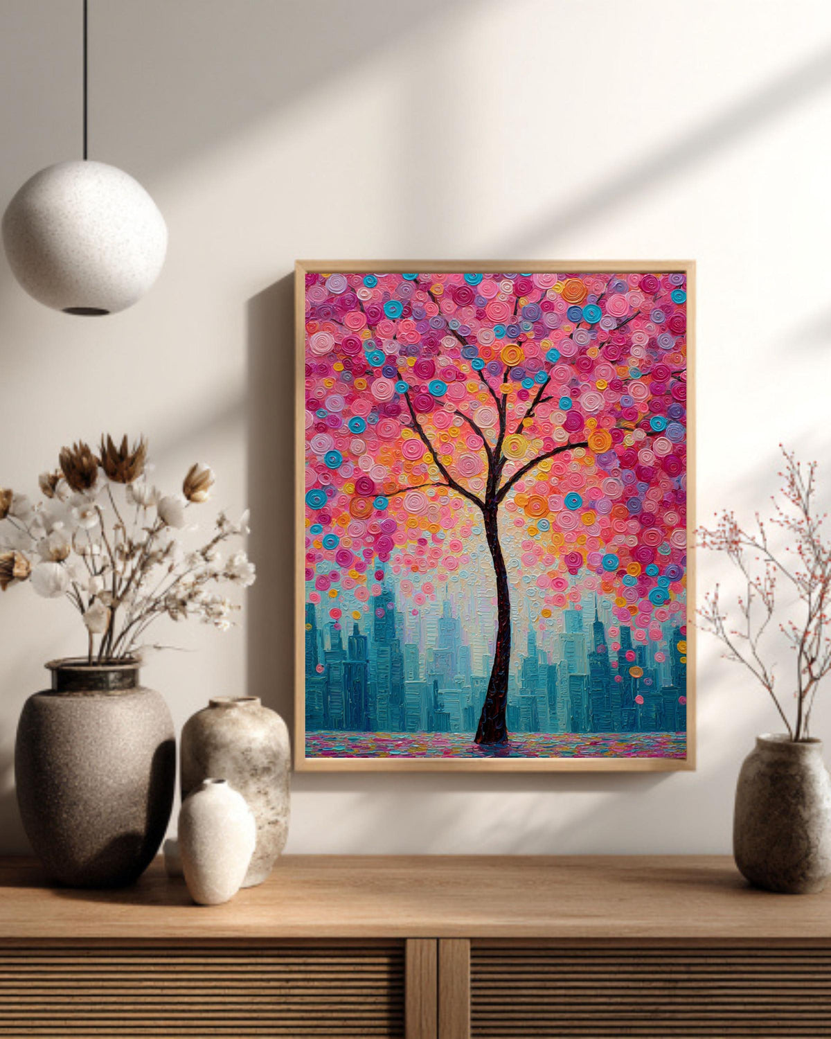 Textured Cherry Blossom Tree Canvas Art: Modern City Skyline Painting