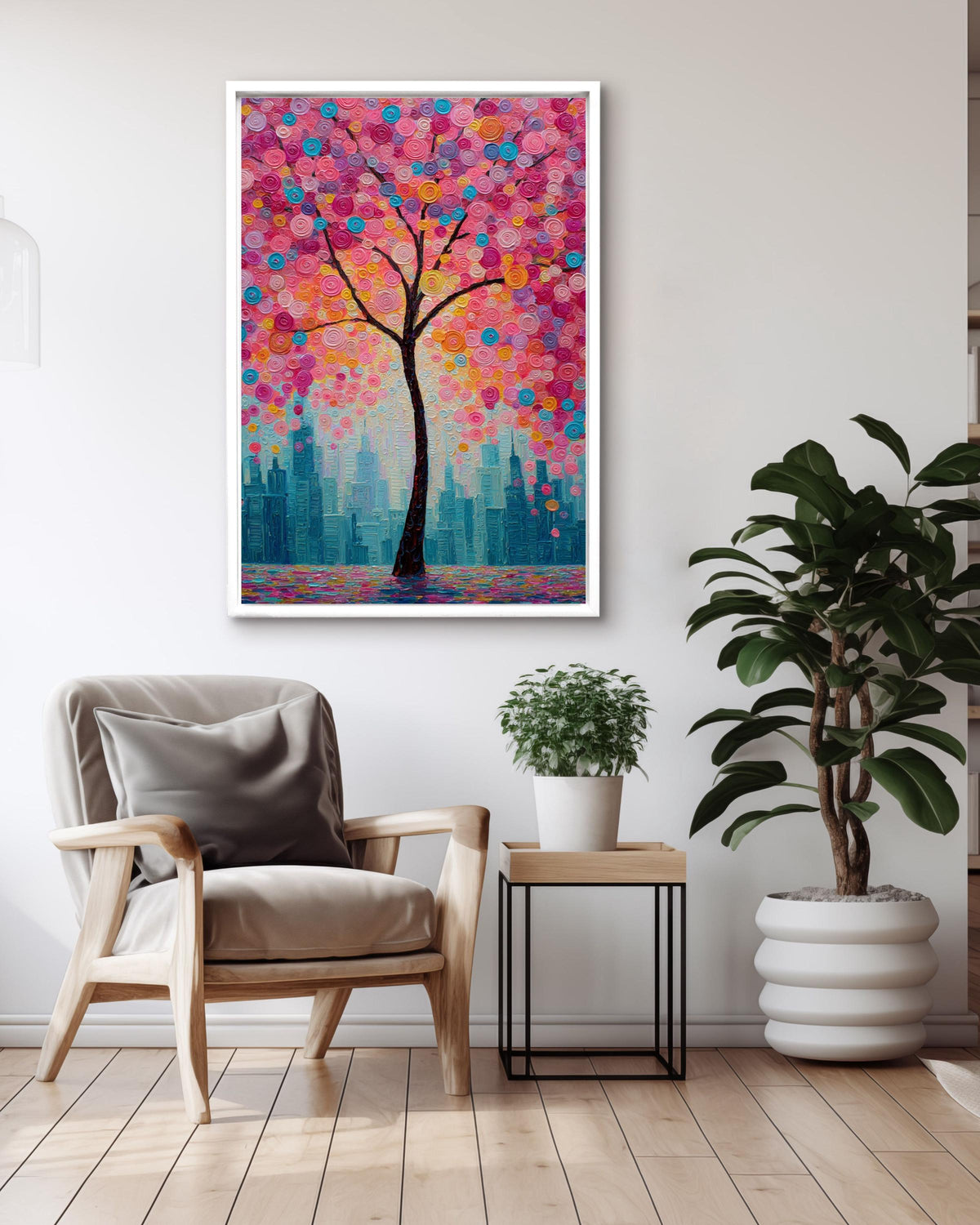 Textured Cherry Blossom Tree Canvas Art: Modern City Skyline Painting