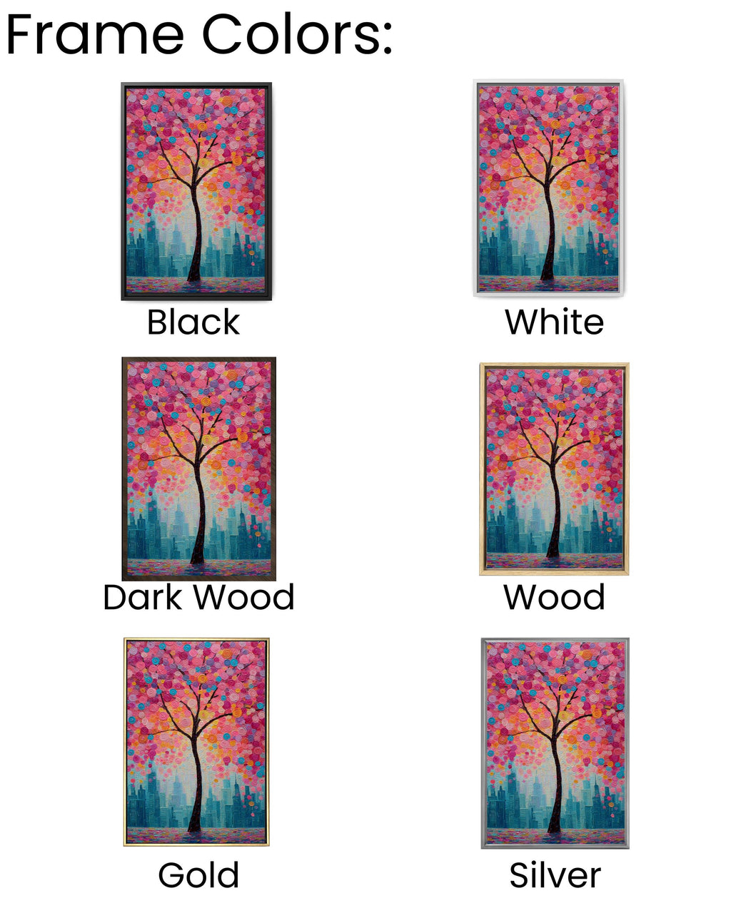 Textured Cherry Blossom Tree Canvas Art: Modern City Skyline Painting