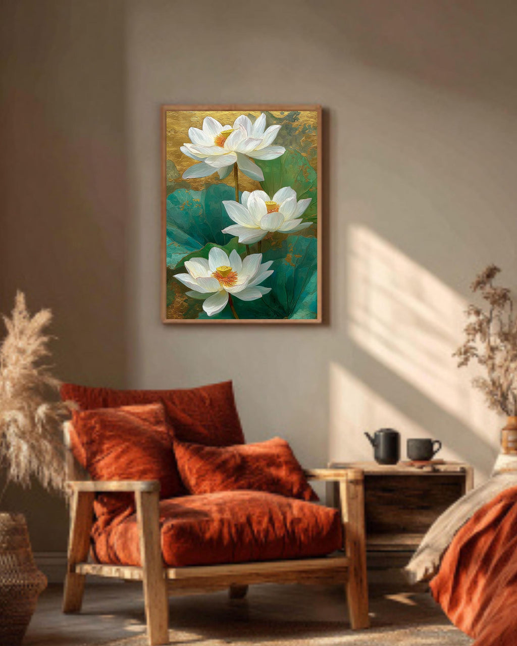 Gold White Lotus Canvas Art Print: Elegant Asian Floral Wall Decor