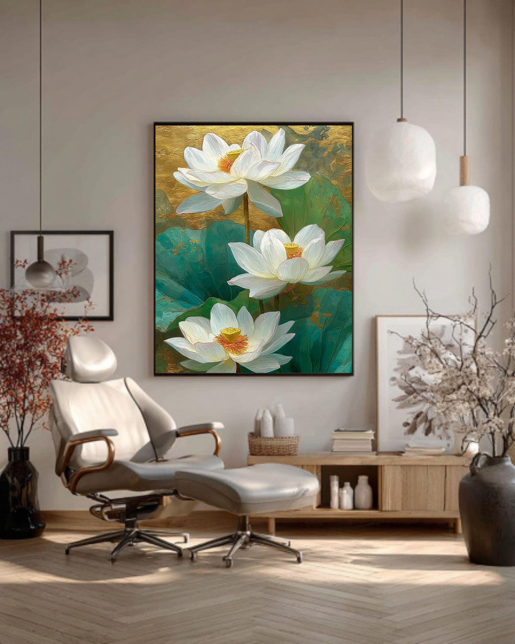 Gold White Lotus Canvas Art Print: Elegant Asian Floral Wall Decor