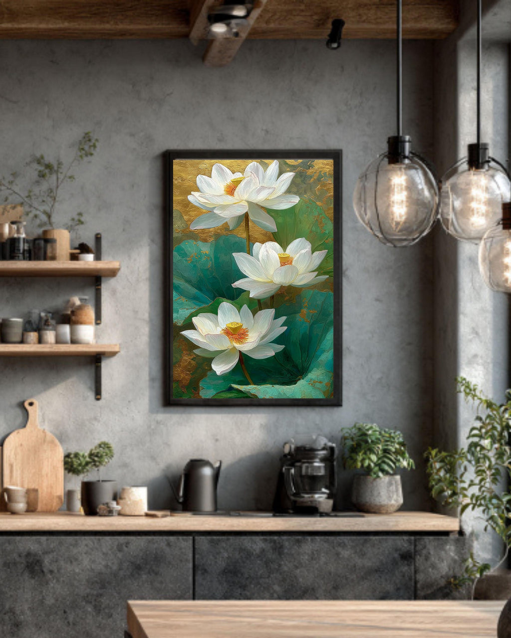 Gold White Lotus Canvas Art Print: Elegant Asian Floral Wall Decor