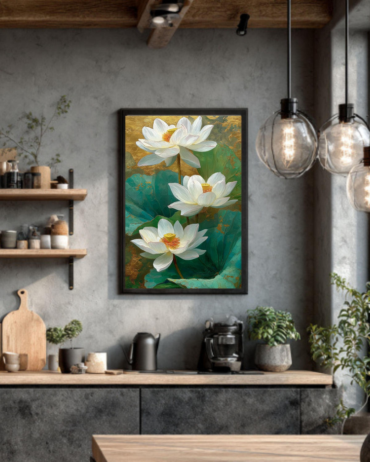 Gold White Lotus Canvas Art Print: Elegant Asian Floral Wall Decor