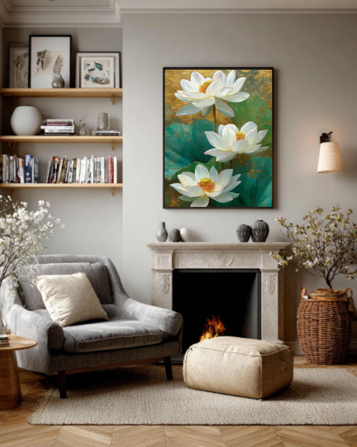 Gold White Lotus Canvas Art Print: Elegant Asian Floral Wall Decor