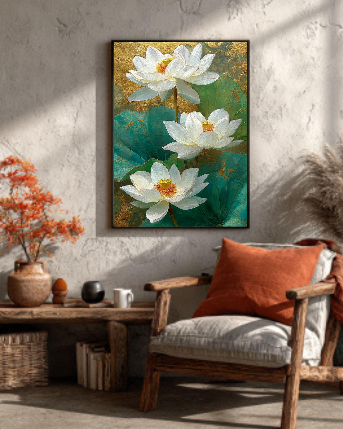 Gold White Lotus Canvas Art Print: Elegant Asian Floral Wall Decor