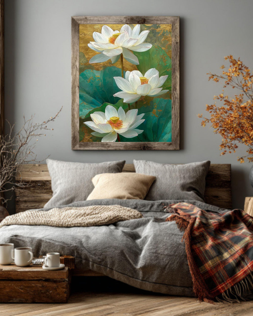 Gold White Lotus Canvas Art Print: Elegant Asian Floral Wall Decor
