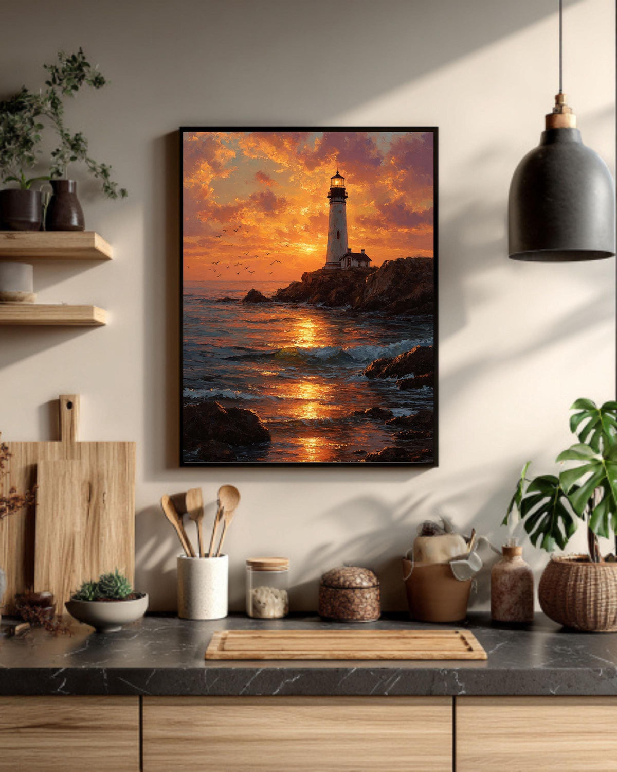 Textured Lighthouse Sunset Canvas Print: Coastal Nautical Wall Art