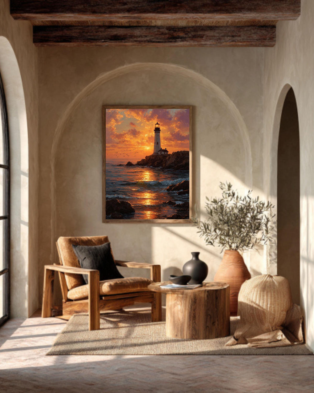 Textured Lighthouse Sunset Canvas Print: Coastal Nautical Wall Art