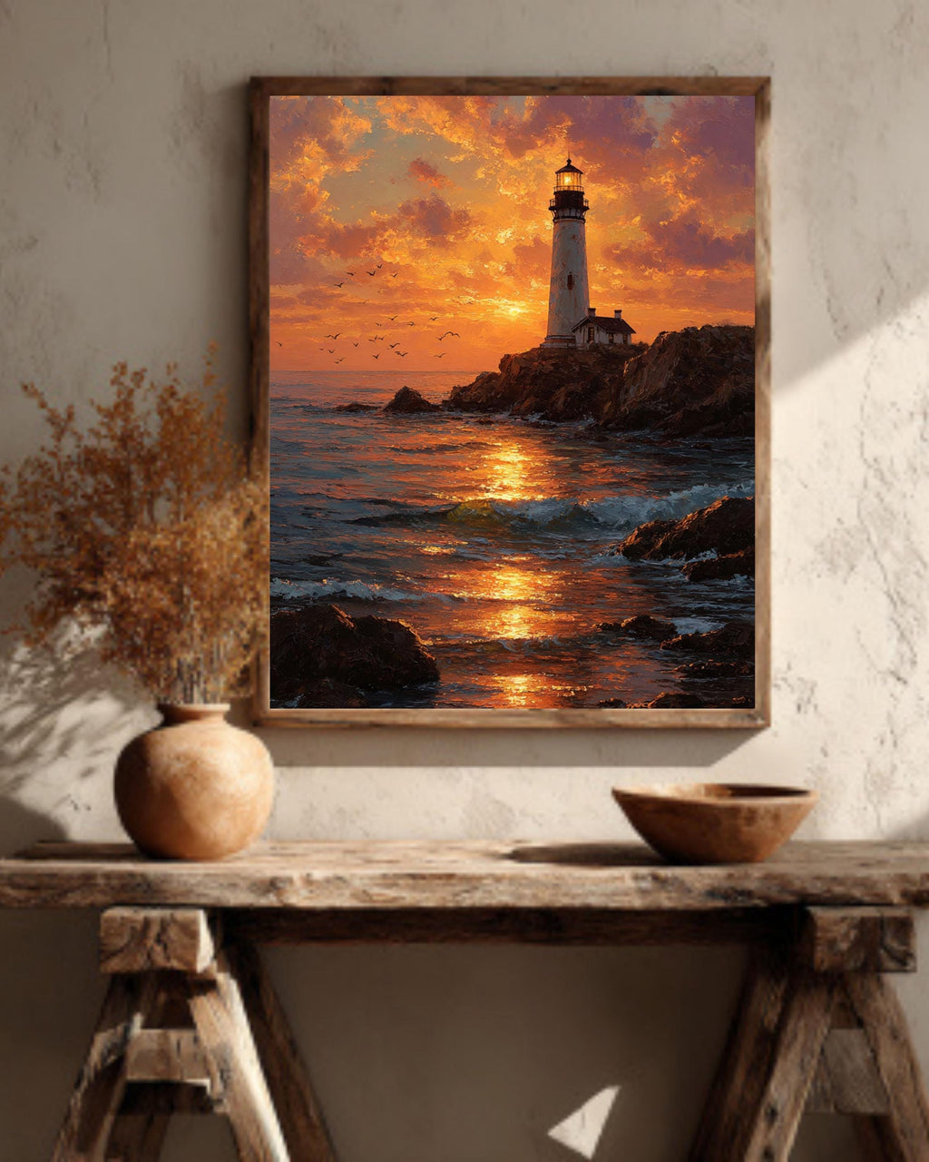 Textured Lighthouse Sunset Canvas Print: Coastal Nautical Wall Art