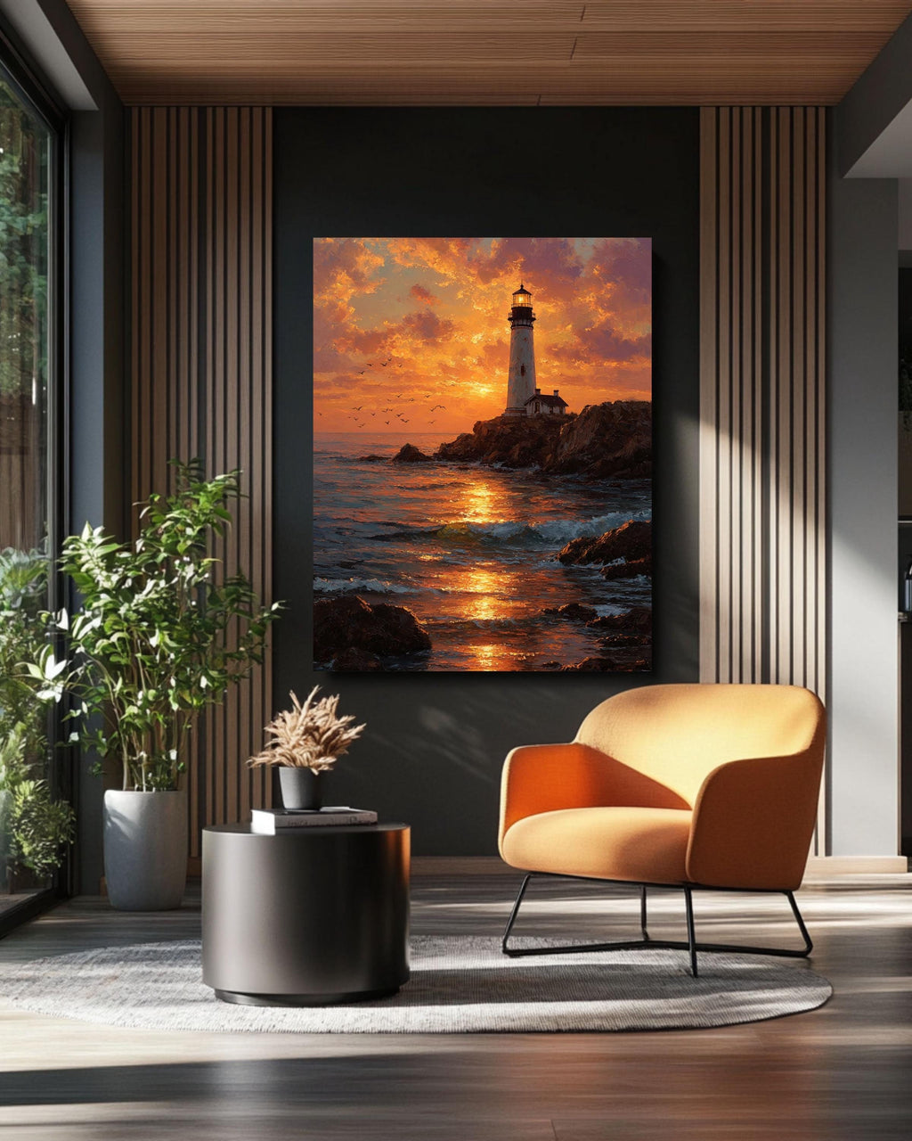 Textured Lighthouse Sunset Canvas Print: Coastal Nautical Wall Art