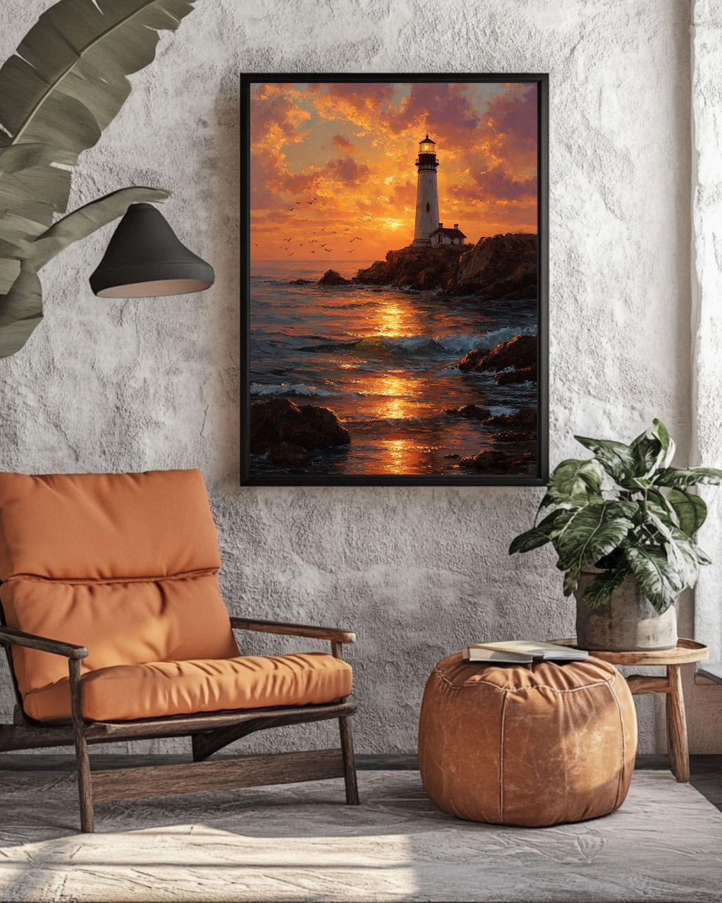 Textured Lighthouse Sunset Canvas Print: Coastal Nautical Wall Art