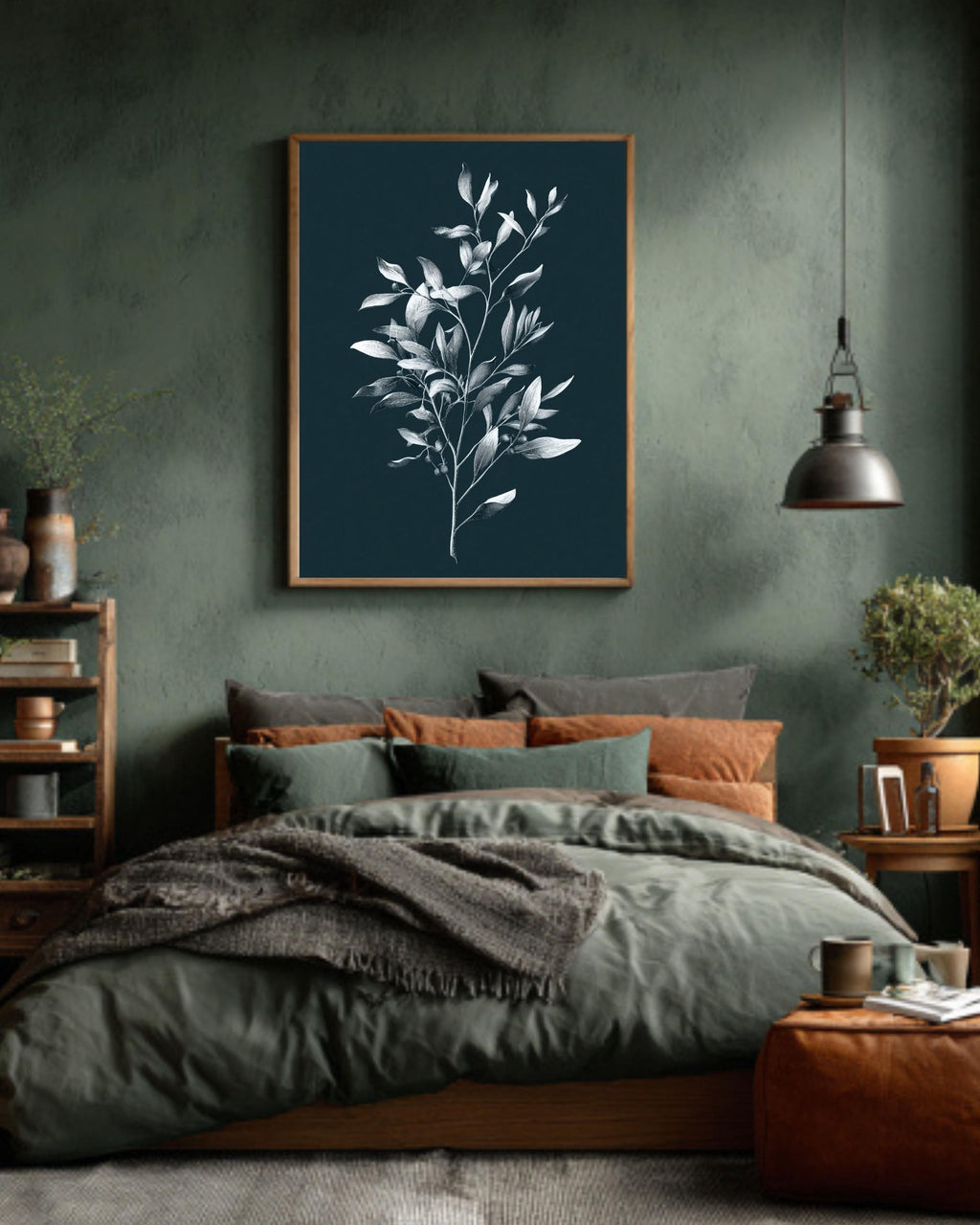 Minimalist Olive Branch Botanical Print, Monochrome Navy Wall Art, Elegant Modern Farmhouse Canvas Decor