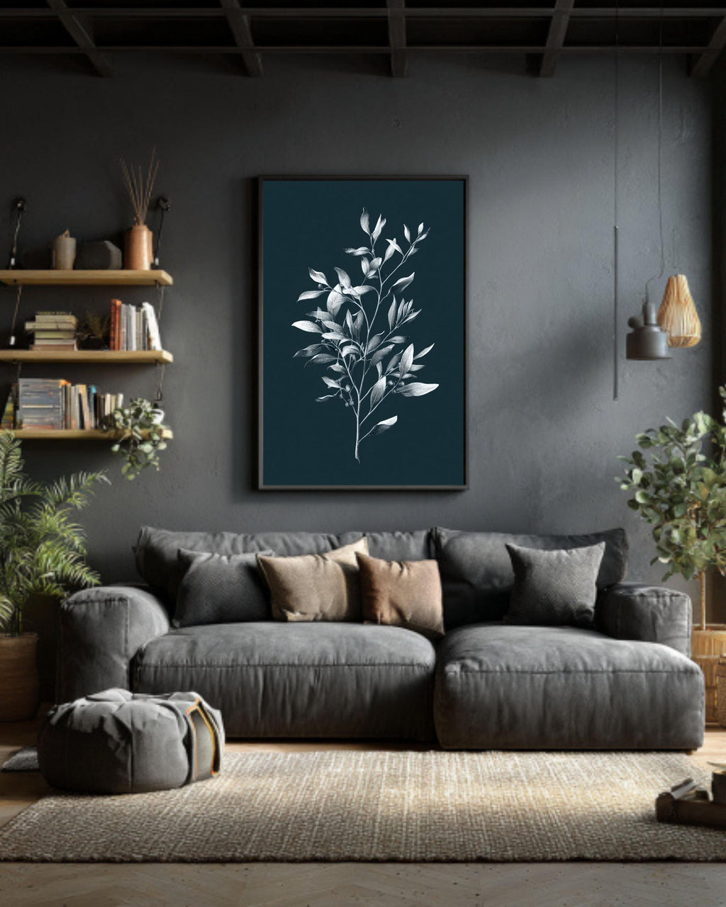 Minimalist Olive Branch Botanical Print, Monochrome Navy Wall Art, Elegant Modern Farmhouse Canvas Decor