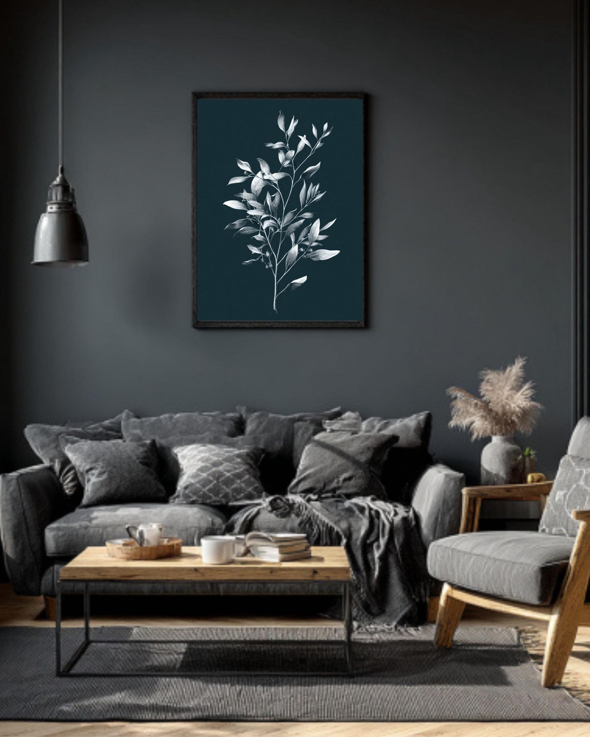 Minimalist Olive Branch Botanical Print, Monochrome Navy Wall Art, Elegant Modern Farmhouse Canvas Decor
