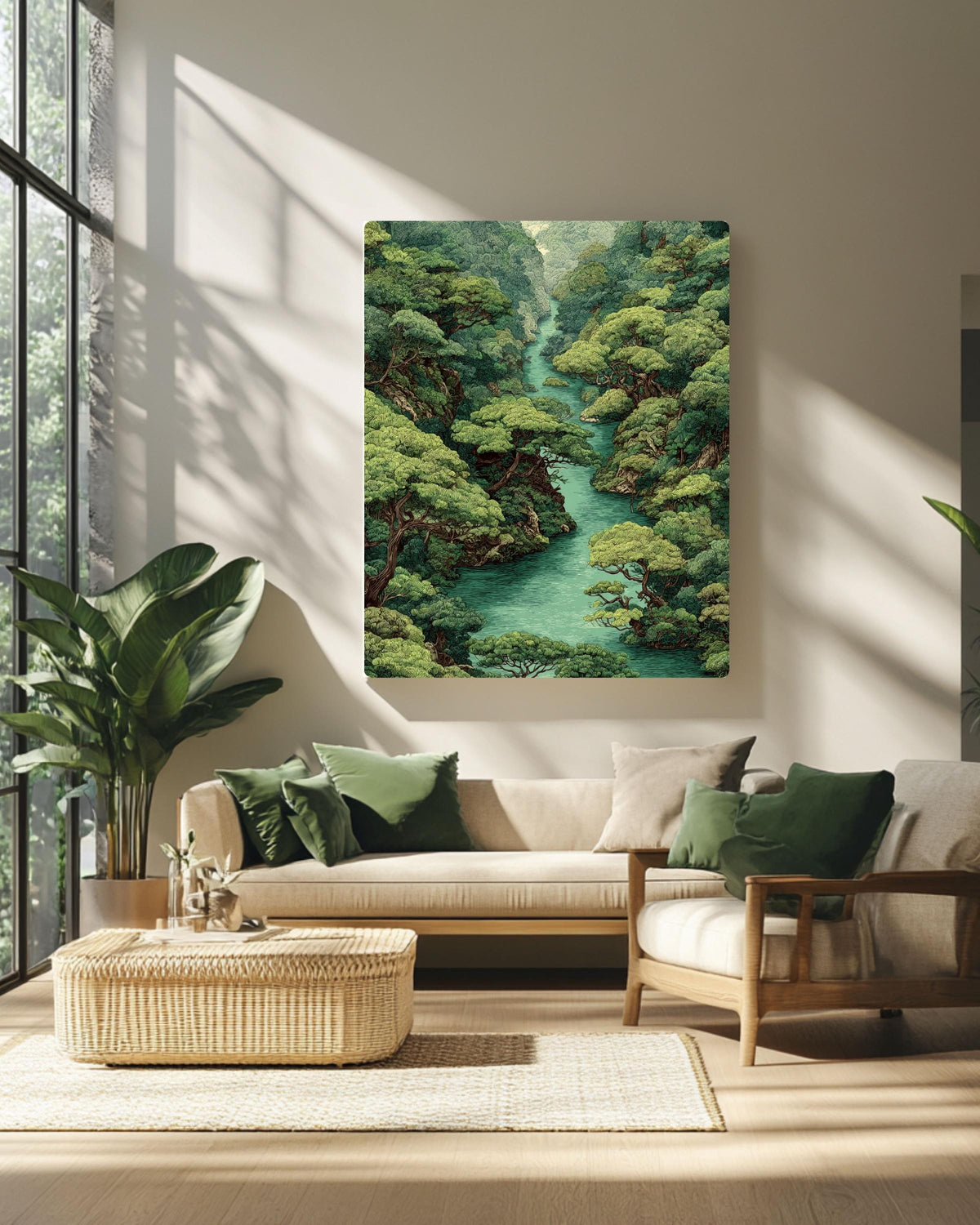 Green Forest River Canvas Art: Vintage Style Jungle Landscape Print